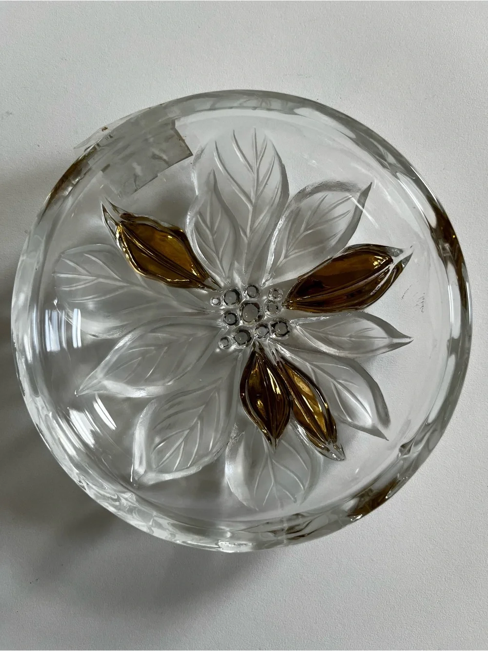 VTG Studio Nova Japan  Golden Poinsettia Round covered crystal Trinket,candy Box